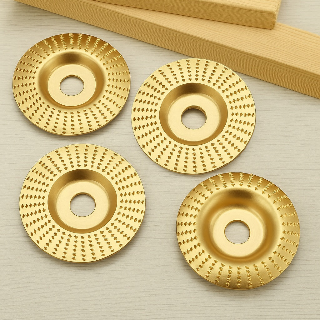 Set 4 discuri pentru prelucrarea lemnului, Zola, model 2 x plate, 1x concav si 1 x conic, diametru disc 100 mm, 15000 rpm, diametrul orificiilor discurilor16 mm, auriu Set 4 discuri pentru prelucrarea lemnului, Zola, model 2 x plate, 1x concav si 1 x conic, diametru disc 100 mm, 15000 rpm, diametrul orificiilor discurilor16 mm, auriu
